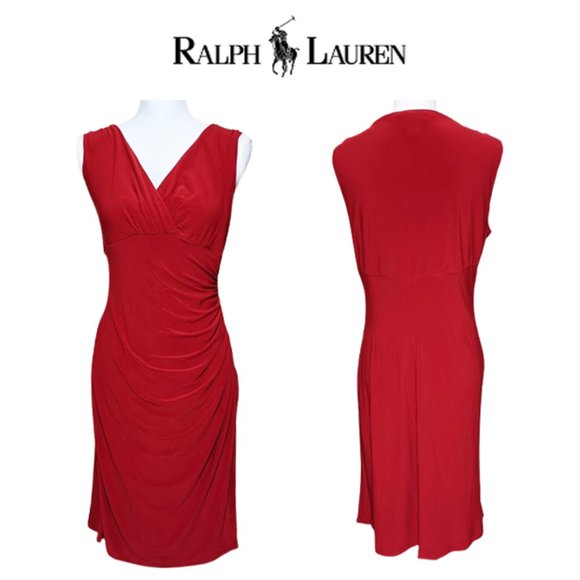 RALPH LAUREN Faux Wrap Jersey Surplice Dress in Fiery Red - Picture 1 of 7